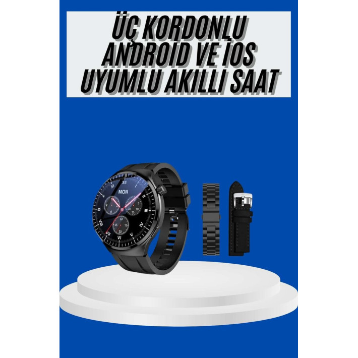 Amoled Ekran Akıllı Saat Üç Kordonlu İOS Android Uyumlu