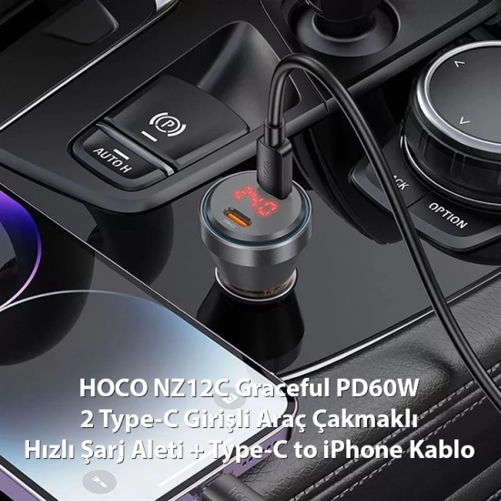 HOCO NZ12C Graceful PD60W 2 Type-C Girişli Araç Çakmaklı Hızlı Şarj Al