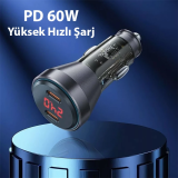 HOCO NZ12C Graceful PD60W 2 Type-C Girişli Araç Çakmaklı Hızlı Şarj Al