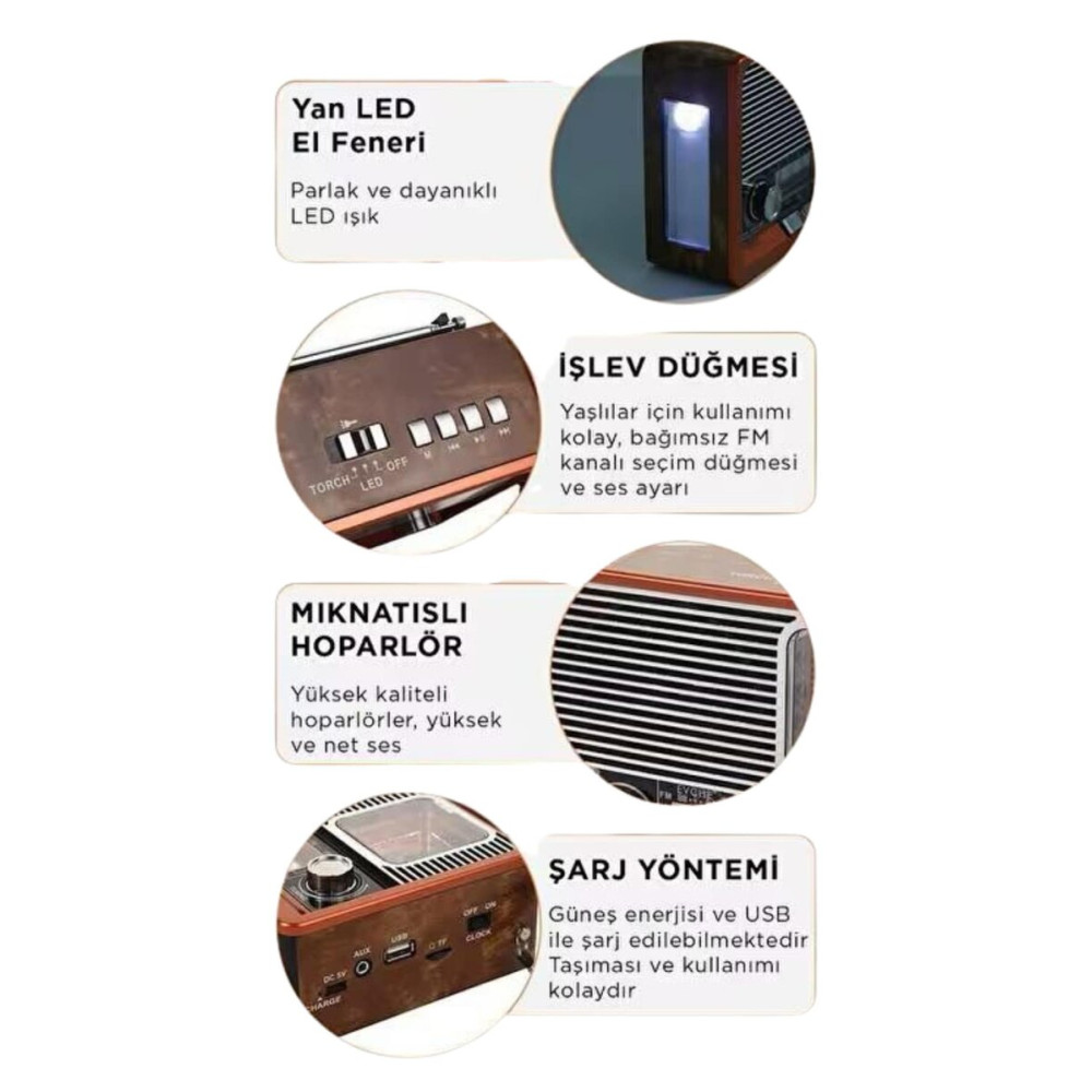 Vintage Nostaljik Radyo AUX USB SD Kart Girişli Şarjlı Bluetooth Bağla