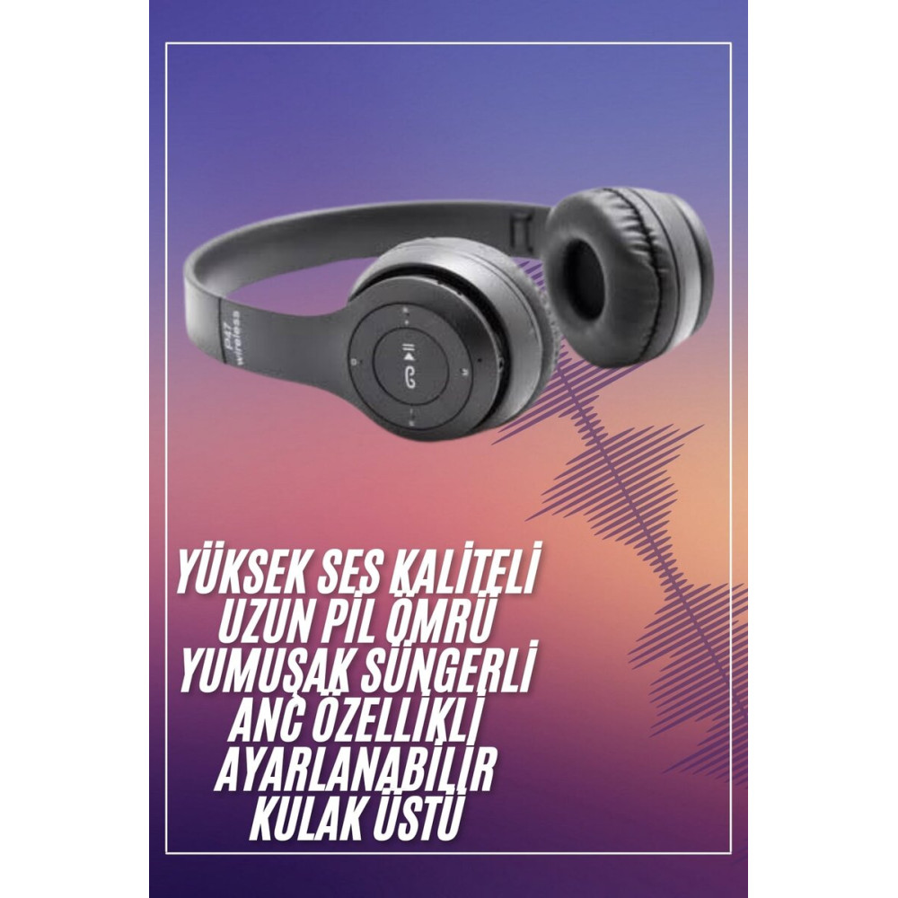Bluetooth Kablosuz Kulaklık Siyah Wireless 5.0 Kulak Üstü Uzun Pil Ömr