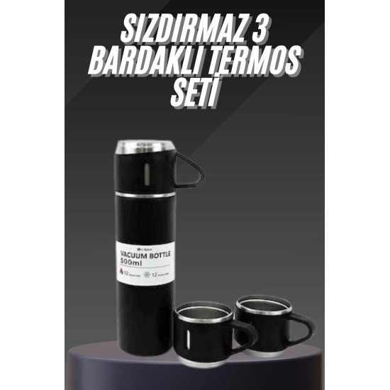 Termos Seti Paslanmaz Çelik 3 Bardaklı Vakumlu Termos Set 500 Ml 12 Sa