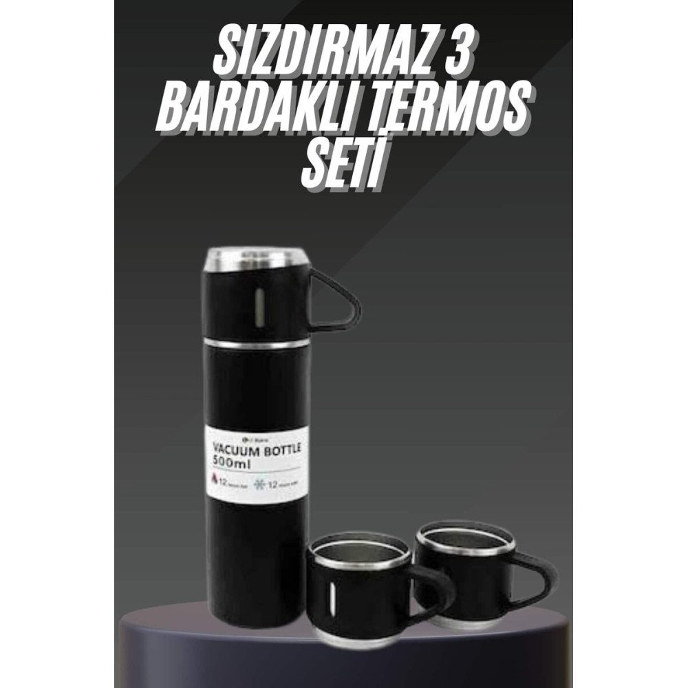 Termos Seti Paslanmaz Çelik 3 Bardaklı Vakumlu Termos Set 500 Ml 12 Sa