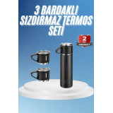 Termos Paslanmaz Çelik Termos Siyah Renk 3 Bardaklı Termos Seti