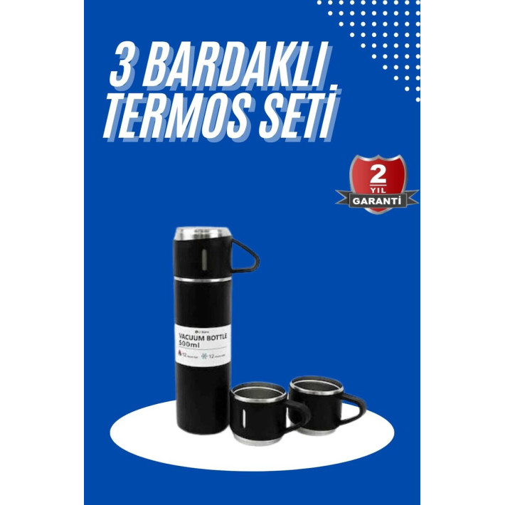 Termos Seti 3'lü Bardak Seti Isı Dayanıklı Siyah Paslanmaz Çelik Vakum