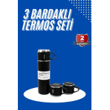 Termos Seti 3'lü Bardak Seti Isı Dayanıklı Siyah Paslanmaz Çelik Vakum