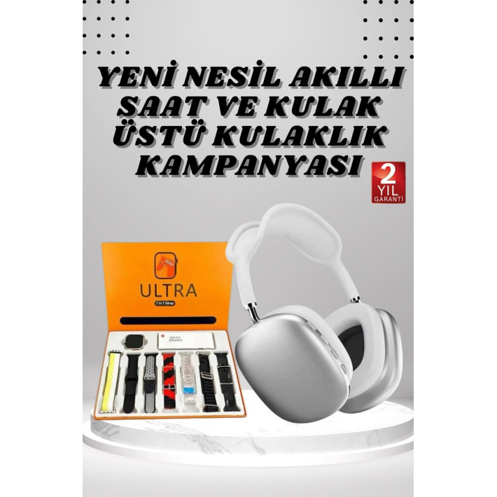 Kulak Üstü P9 Kablosuz Bluetooth Kulaklık ve 7 Kordonlu Akıllı Saat