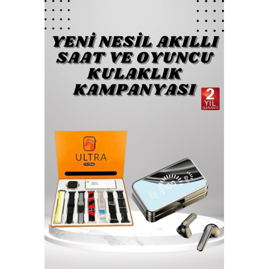 Aynalı Bluetooth Kulaklık ve 7 Kordonlu Akıllı Saat Dijital Göstergeli