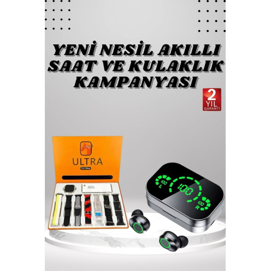 7 Kordonlu Akıllı Saat Ve Aynalı Bluetooth Kulaklık Powerbank Dijital 