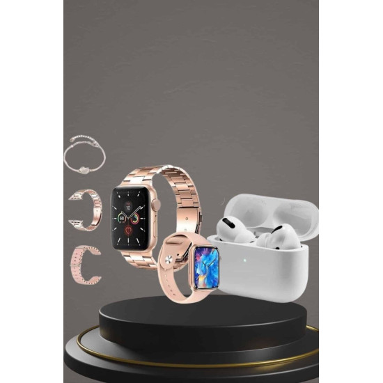3 Kordonlu Pembe Amoled Ekran Akıllı Saat ve Yeni Nesil Pro Kablosuz B