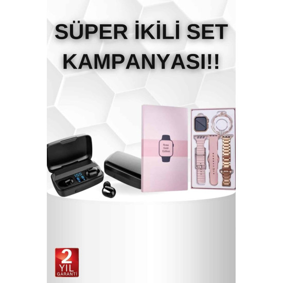 Şarjlı Pembe Akıllı Saat ve Kablosuz Bluetooth Kulaklık Dokunmatik Kon
