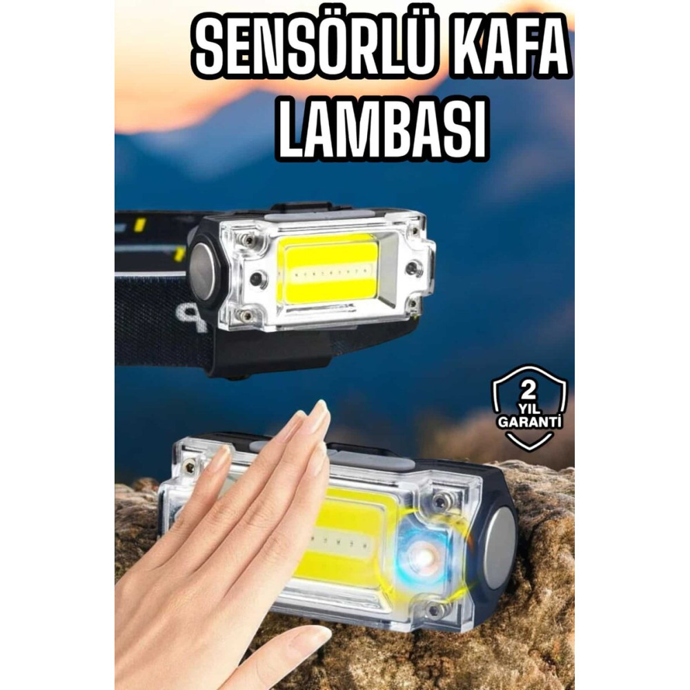 Beyaz Led Işık Sensörlü Kafa Lambası Lityum Batarya Led El Fenerli Şar