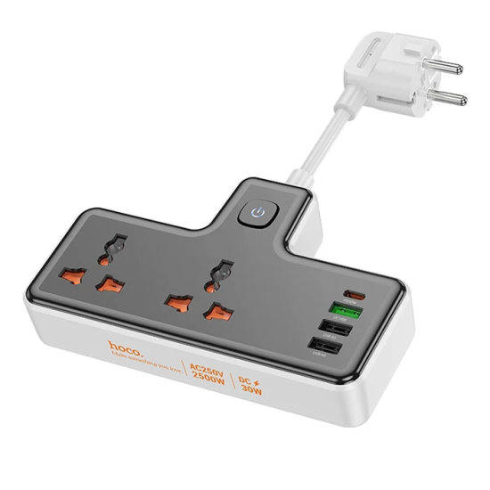 HOCO AC12A 2500W 2 Priz + 3 USB + 30W Type-C Multifonksiyonel Priz Çoğ