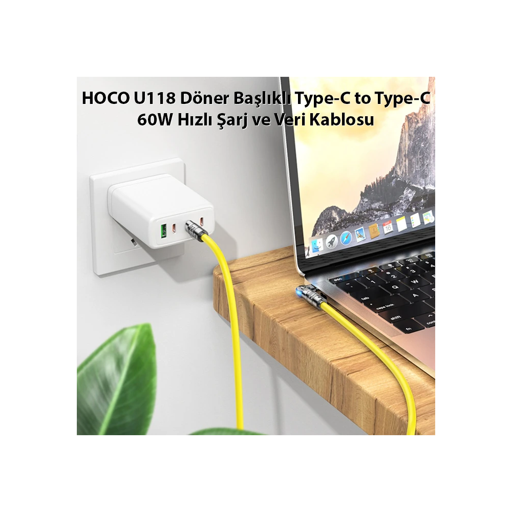HOCO U118 Döner Başlıklı Type-C to Type-C 60W Hızlı Şarj ve Veri Kablo