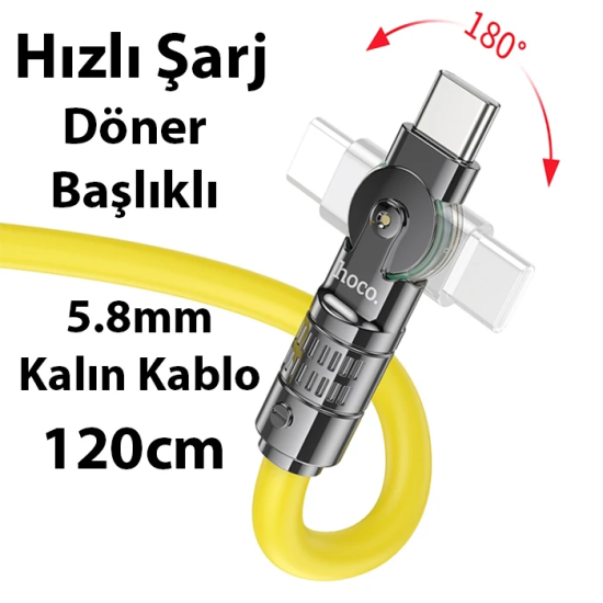 HOCO U118 Döner Başlıklı Type-C to Type-C 60W Hızlı Şarj ve Veri Kablo