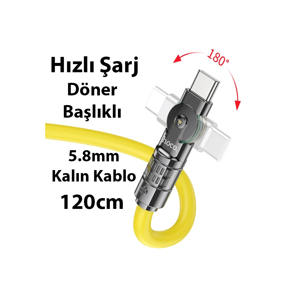 HOCO U118 Döner Başlıklı Type-C to Type-C 60W Hızlı Şarj ve Veri Kablo