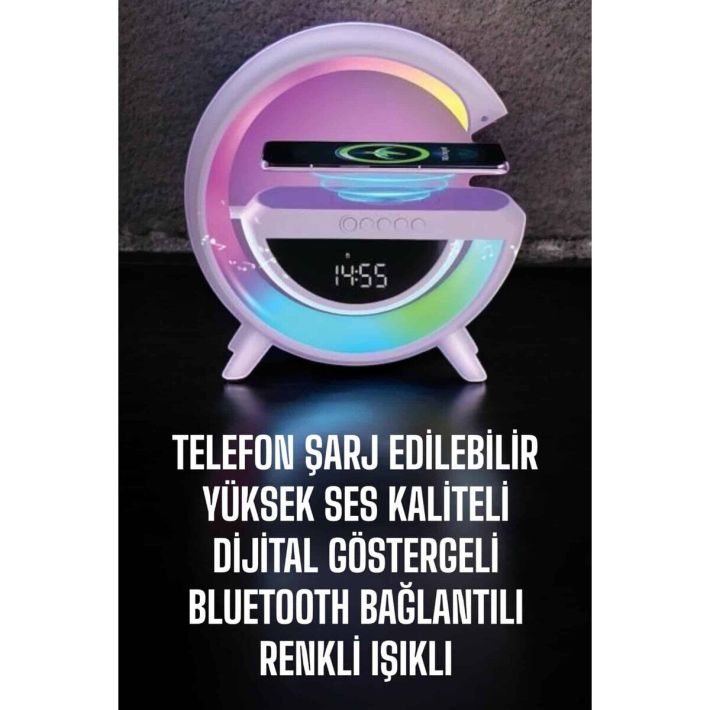 Kablosuz Şarjlı Bluetooth Hoparlör RGB Işık Gece Lambası Dijital Saat