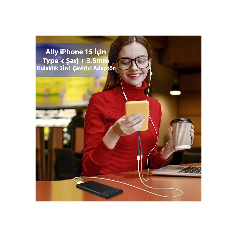Ally İphone 15 İçin Type-c Şarj + 3.5mm kulaklık 2İn1 Çevirici Adaptör