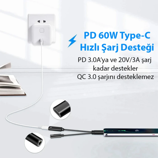 Ally İphone 15 İçin Type-c Şarj + 3.5mm kulaklık 2İn1 Çevirici Adaptör