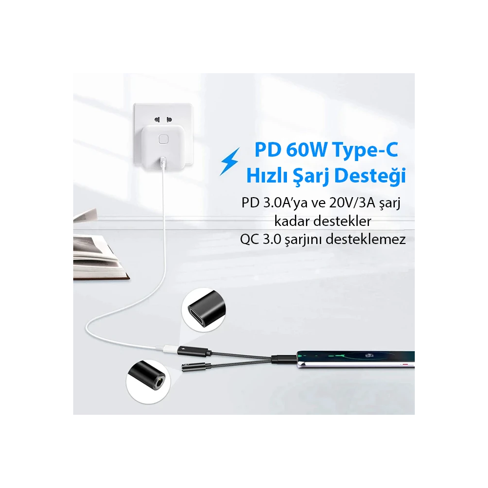 Ally İphone 15 İçin Type-c Şarj + 3.5mm kulaklık 2İn1 Çevirici Adaptör
