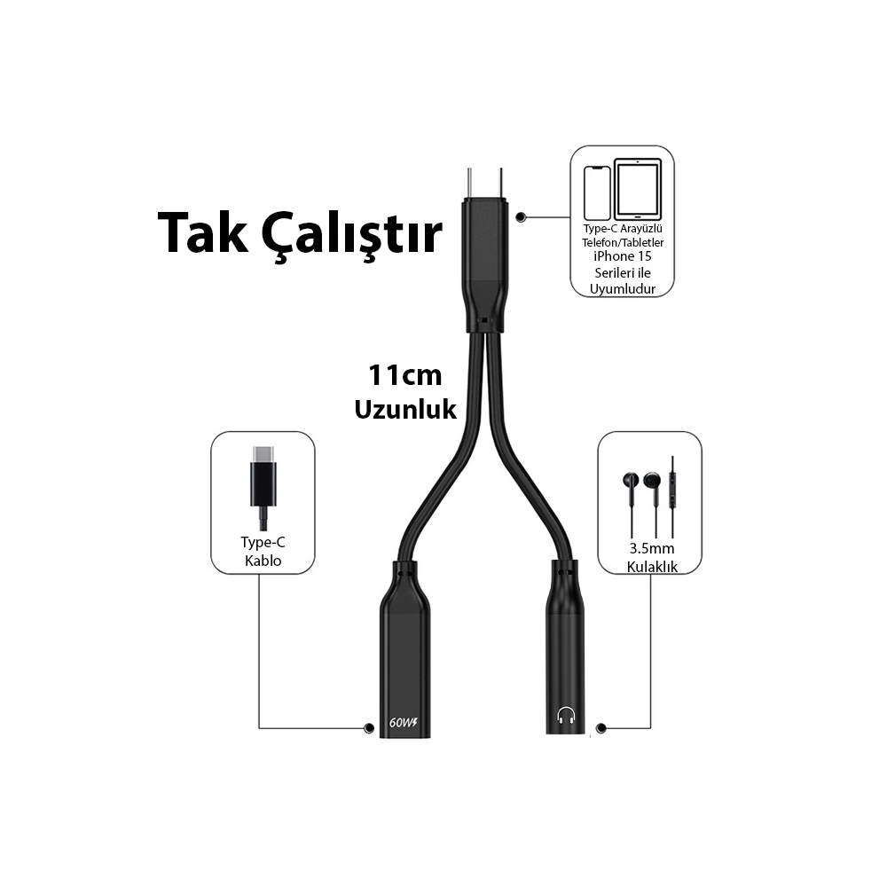 Ally İphone 15 İçin Type-c Şarj + 3.5mm kulaklık 2İn1 Çevirici Adaptör