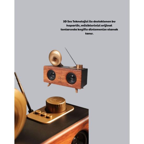 Çift Hoparlörlü Bluetooth Gramofon Speaker – FM Radyo USB SD Kart ve A