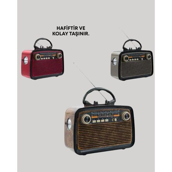 Nostaljik Görünümlü Ahşap Radyo TF SD USB Girişli Led Fener Işıklı