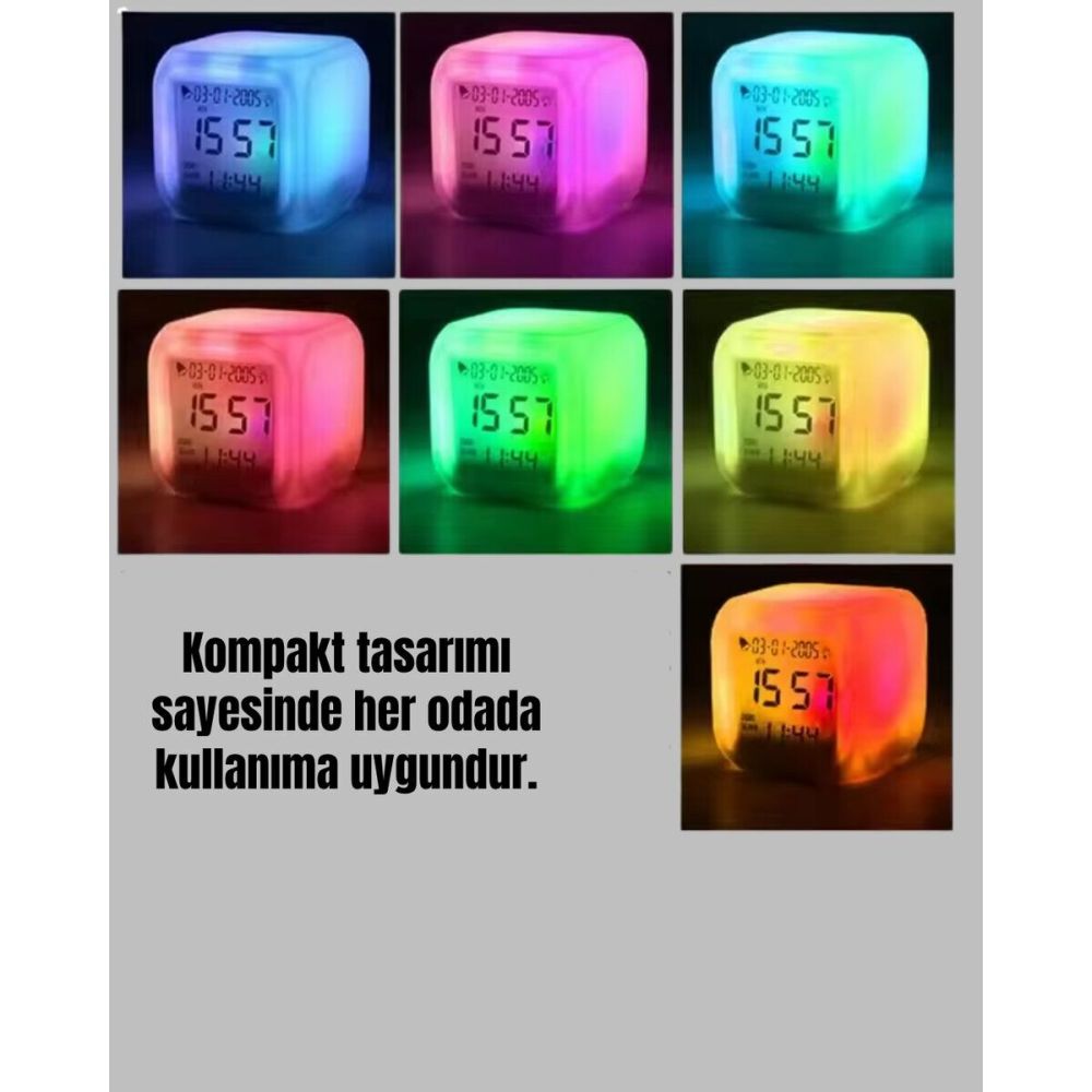7 Renk LED Işıklı Alarmlı Dijital Küp Masa Saati Termometreli