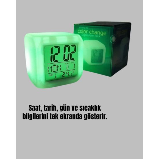 Termometre ve Takvim Özellikli 7 Renk Değiştiren Küp Alarm Saati