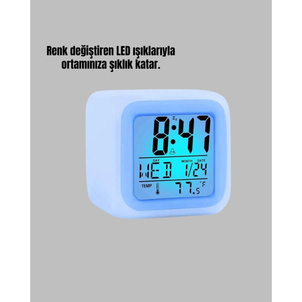 Termometre ve Takvim Özellikli 7 Renk Değiştiren Küp Alarm Saati