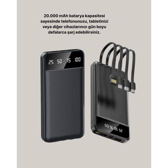 20.000 mAh 4 Çıkışlı LED Göstergeli Hızlı Şarj Powerbank