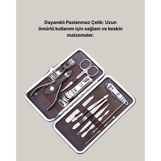 Özel Deri Çantalı 12 Parça Manikür Pedikür Bakım Seti Paslanmaz Çelik
