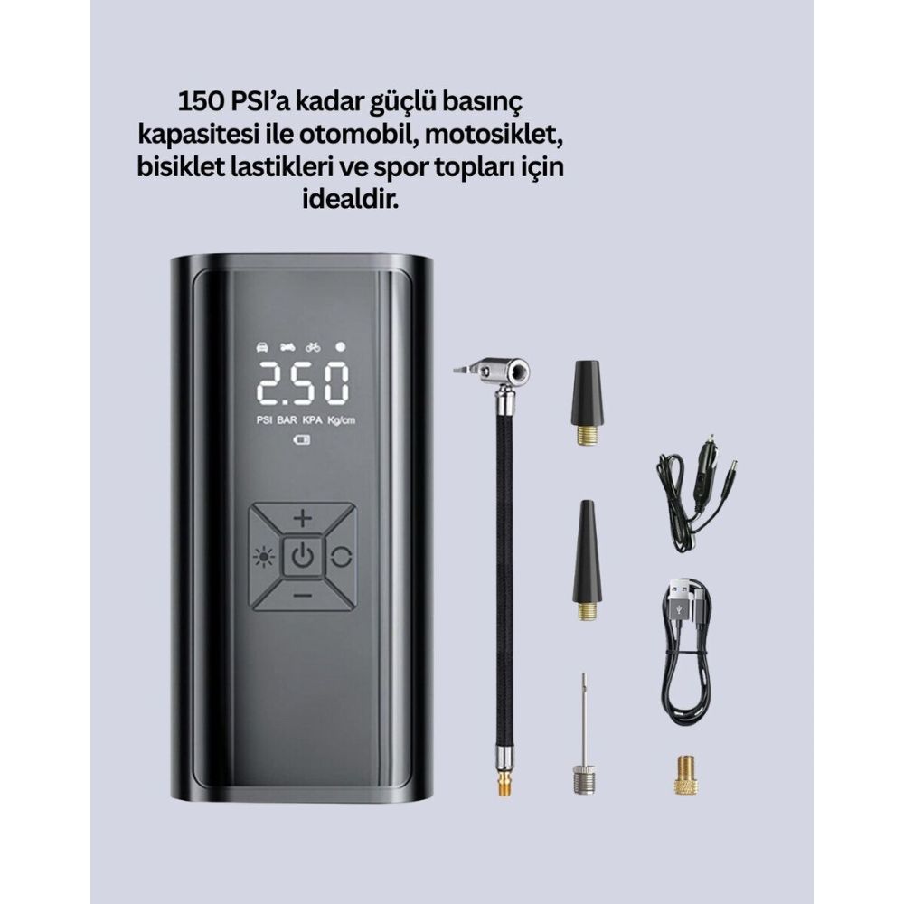 LED Fenerli ve SOS Işıklı Çok Fonksiyonlu Hava Kompresörü