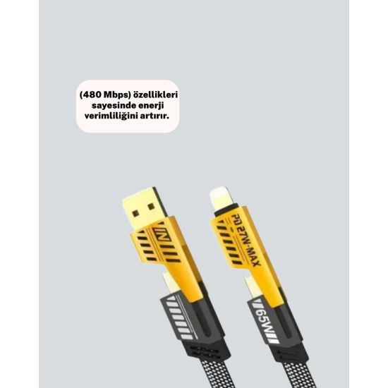 Dönüştürülebilir 4 Başlıklı Hızlı Şarj Kablosu – 1.2m 65W Dayanıklı ve