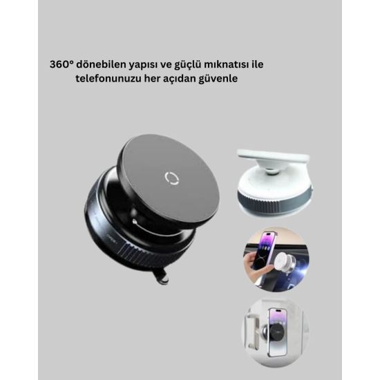 Güçlü Manyetik Tutuşlu 360° Döner Araç Telefon Tutucu – Vakumlu Montaj