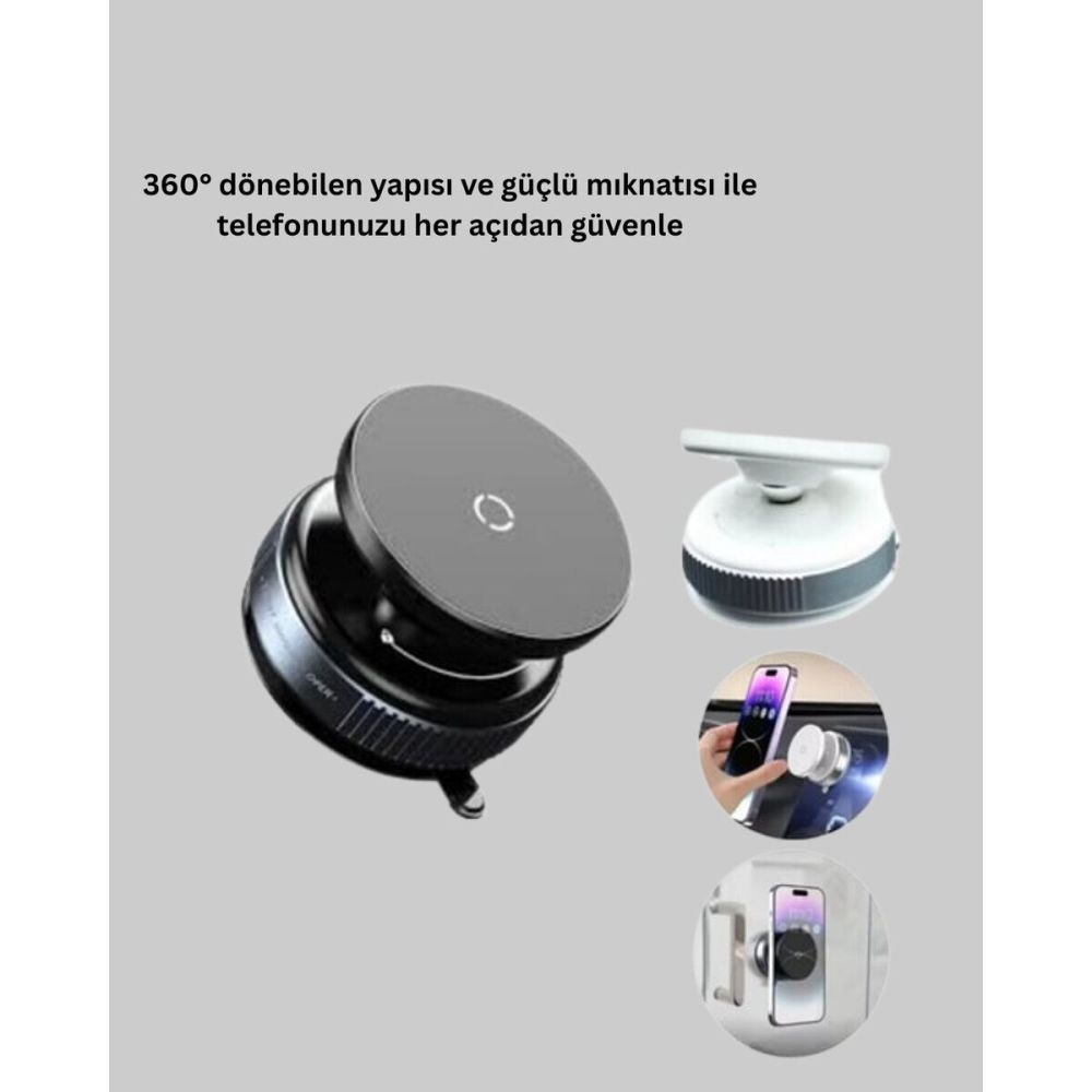 Güçlü Manyetik Tutuşlu 360° Döner Araç Telefon Tutucu – Vakumlu Montaj