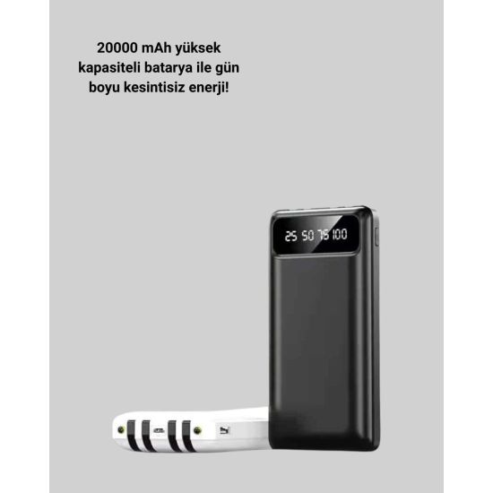 LED Işıklı 20.000mAh Powerbank LCD Gösterge Dahili Çoklu Kablo