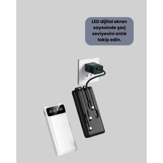 LED Işıklı 20.000mAh Powerbank LCD Gösterge Dahili Çoklu Kablo