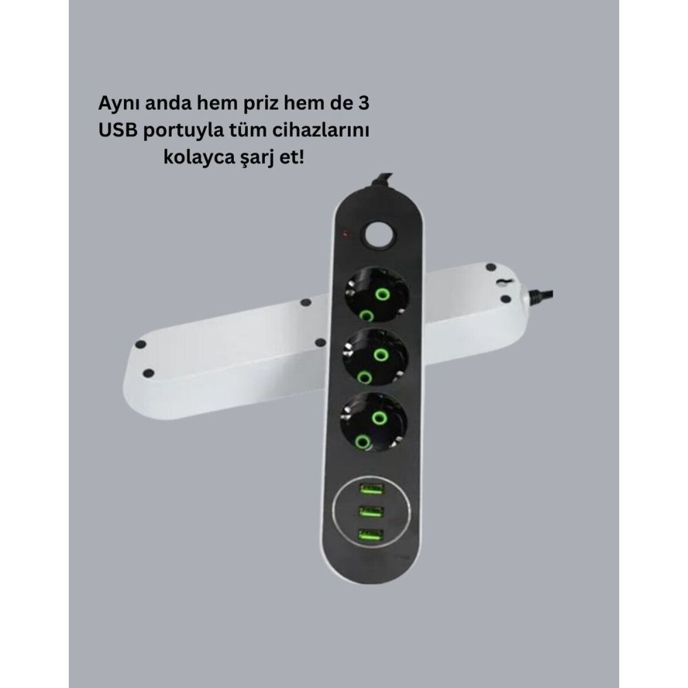 USB Yuvalı Anahtarlı Üçlü Priz 2 Metre Kablolu