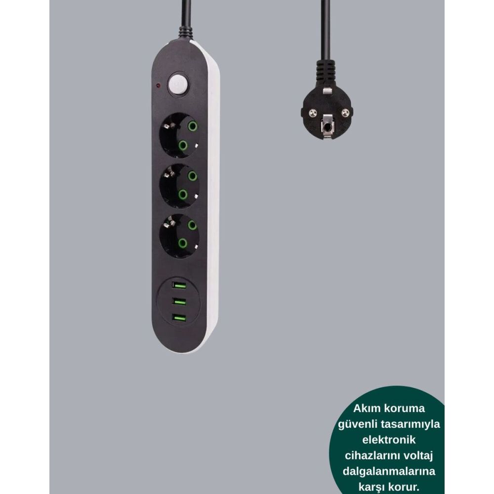 USB Yuvalı Anahtarlı Üçlü Priz 2 Metre Kablolu