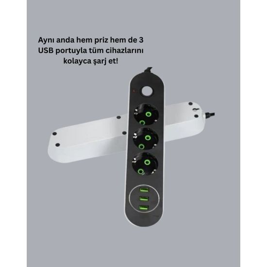 Akım Korumalı Anahtarlı USB Girişli Üçlü Priz