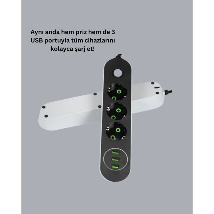 Akım Korumalı Anahtarlı USB Girişli Üçlü Priz