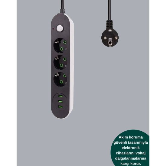 Akım Korumalı Anahtarlı USB Girişli Üçlü Priz
