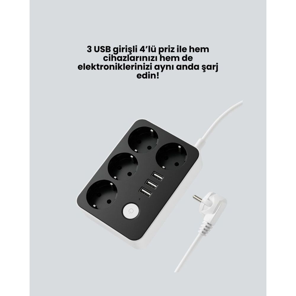 7 Cihazı Aynı Anda Destekleyen 3 USB Portlu 4’lü Priz