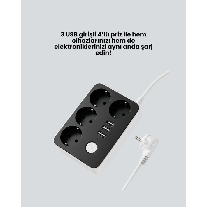 7 Cihazı Aynı Anda Destekleyen 3 USB Portlu 4’lü Priz
