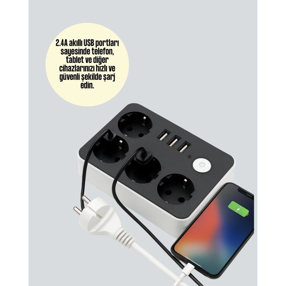 7 Cihazı Aynı Anda Destekleyen 3 USB Portlu 4’lü Priz