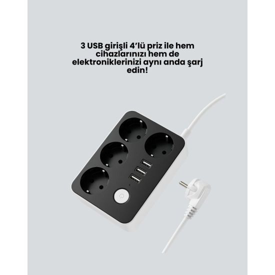 4 Prizli 3 USB Portlu Anahtarlı Akım Korumalı Priz