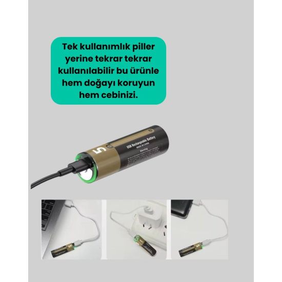 USB Type-C Girişli Şarjlı AA Lityum Pil | 1.5V Sabit Çıkış | 3200mWh (