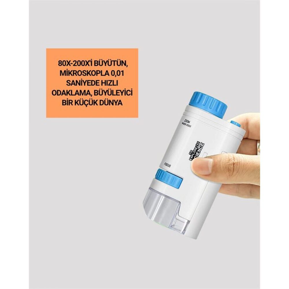 Taşınabilir Mini Mikroskop LED Işıklı 80X–200X Büyütmeli ve Odak Ayarl