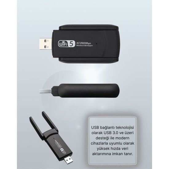 Yüksek Hızlı 1200 Mbps Çift Bant USB WiFi Adaptör – Güçlü Sinyal Geniş